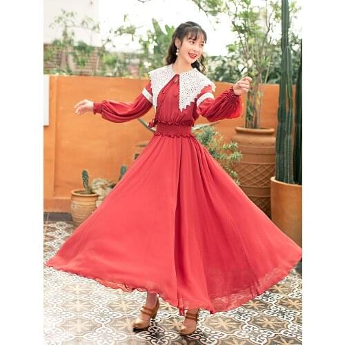 Free Shipping Boshow 2021 New Women Long Maxi Long Lantern Sleeve Spring S-L Chiffon Big Hem Red Ruffles Turn Down Collar Dress