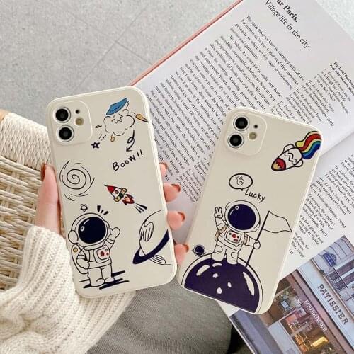 Liquid Silicone Case Cartoon Astronaut For iPhone 12 Pro Max 11 Pro Max Xs Max Xr SE2020 7 8 Plus Phone Side Border Pattern Case