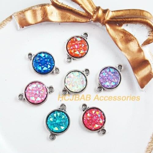 21Pcs Tibetan Silver Tone Retro Mixed Round Resin Charms Connectors 12x18mm