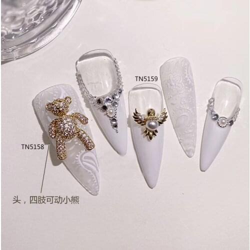 5pcs gold wing bear Alloy pearl Zircon Nail Art Crystals nail jewelry Rhinestone nails accessories supplies decorations charms