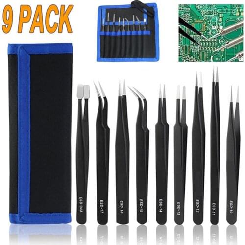 9Pcs Stainless Steel Precision Tweezers Set Anti Static Repair Jewelry Tool Kit