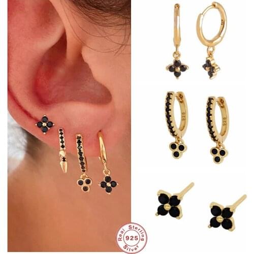Aide 925 Sterling Silver Black Zircon Flower Pendant Hoop Earrings For Women Boho Luxury Party Jewelry Set Gift Huggie Earrings