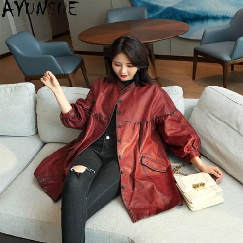 AYUNAUE 2020 Womens Genuine Leather Jacket Sheepskin Coat Plus Size Real Leather Jackets Women Spring Korean Vintage Windbreaker