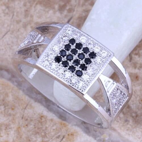 Gleaming Black Cubic Zirconia White CZ Silver Plated Ring Size 6 / 7 / 8 / 9 E578