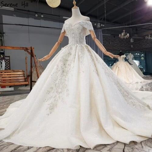 Dubai Iovry Sparkle Off Shoulder Wedding Dresses 2021 Sleeveless Luxury Beading Perals Bridal Gowns HX0279 Custom Made