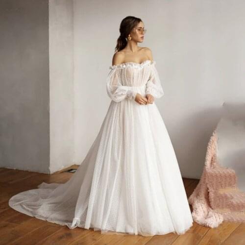 Elegant Polka-Dot Wedding Dress 2021 A-Line Off Shoulder Ruched Backless Tulle Sweep Train Princess Bride Gown Vestidos De Noiva