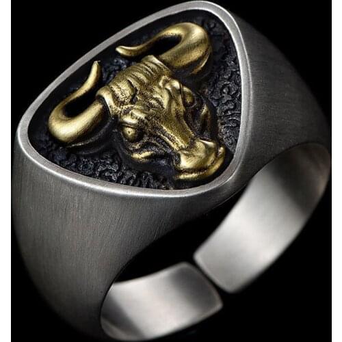 Mens Domineering Rock Metal Bull Totem Opening Adjustable Rings Retro Punk Western Matador Jewelry Gifts
