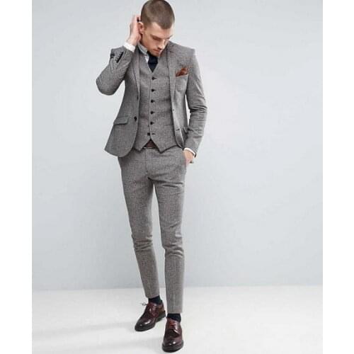 2017 Latest Coat Pant Designs Grey Tweed Men Suit Groom Jacket Slim Fit 3 Piece Tuxedo Custom Suit Prom Blazer Terno Masculino D