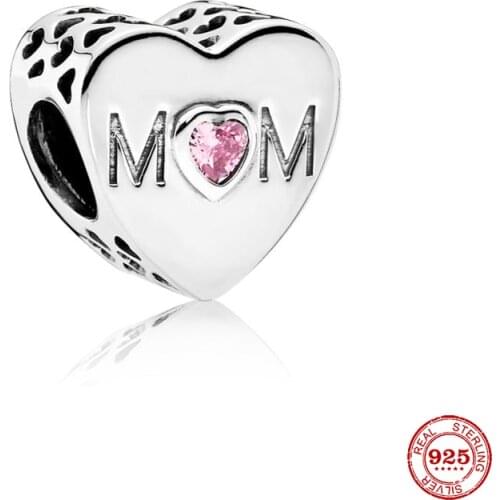 New Original European Silver Color Heart Mom With Pink Diy Bead Fit European Pandora Charms Bracelet Bangles Jewelry P208-Y