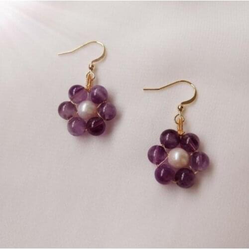 New Arrival Favorite Pearls Earring Handmade White Pearls Amethyst Flower Dangle Earrings Gold Color Silver Jewelry Lady Gift