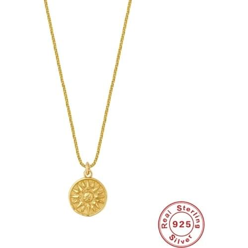 925 Sterling Silver Round Small Pendant Necklace Sun Flower Print Gold Silver Bijoux femme Collier Elegant Women Jewelry Gifts