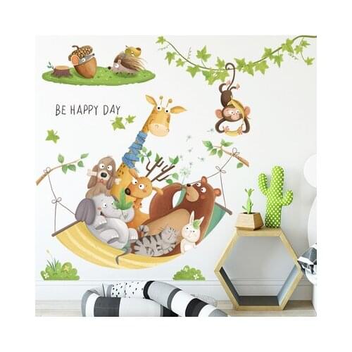 Removable Wall Sticker For Girl Kids Room Interior Decoration Bear Rabbit Giraffe Forest Animal Cartoon Cute Baby Wallpaper