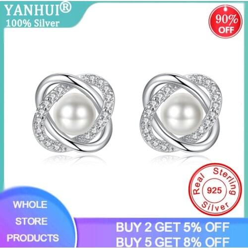YANHUI Freshwater Cultured Pearl Flower Stud Earrings 925 Sterling Silver Earrings for Women Korean Earrings Fashion Jewelry