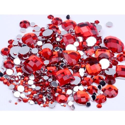 Mix Size Red Color Round Acrylic Loose Non Hotfix Flatback Rhinestone Nail Art Crystal Stones For Wedding Clothing Decorations