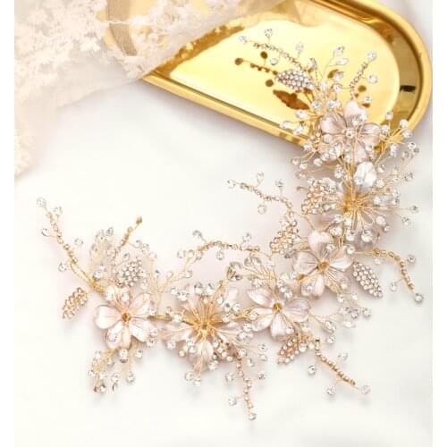 Wedding Headband Gold crystal Flower Tiara Handmade Bride Headdress Leaf Hair Jewelry Princess Headband Bride Hair Accessories