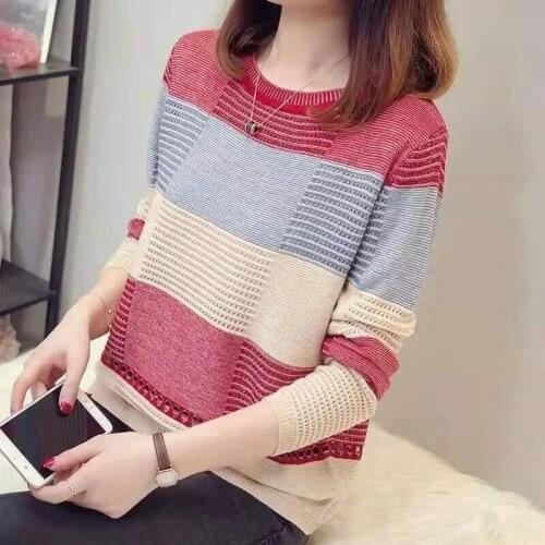 Spring Summer New knit Sweater Women Korean Matching Loose Striped Long-Sleeve Bottoming Pullover Thin Tops Female