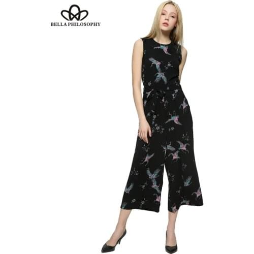HStar 2020 spring summer bird print O-neck sleeveless belt sashes ankle-length jumpsuits bow waist