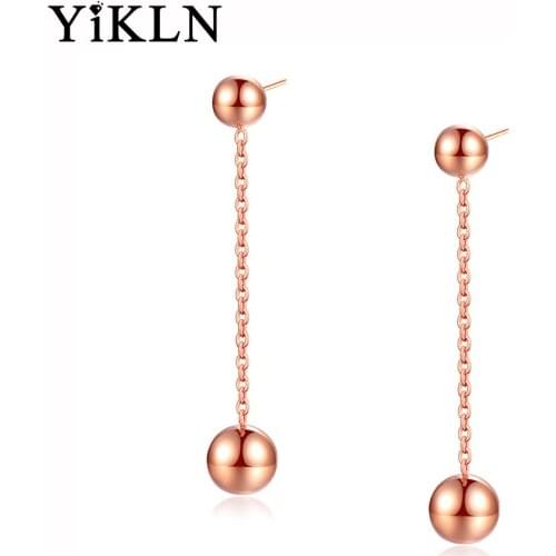 YiKLN Cute Ball Geometric Long Ear Line Dangle Earrings Jewelry Titanium Steel Rose Gold Color Tassel Earrings For Women YE18036