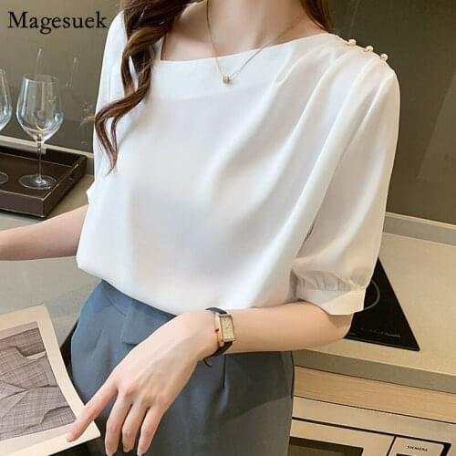 2021 Summer Short Sleeve Shirt Korean New Satin Shirt Womens Blouse and Tops Skew Collar OL Style Solid Loose Blouse Tops 14235