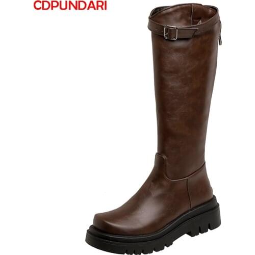 Ladies High Heels Platform Calf Boots Women Autumn Winter Belt Buckle Riding Long Boots Shoes Black Bottes Plateforme Femme