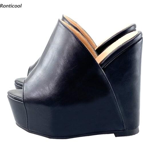 Ronticool 2021 Handmade Women Mules Sandals Unisex Slip On Wedges High Heel Open Toe Classic Black Casual Shoes US Size 5-20