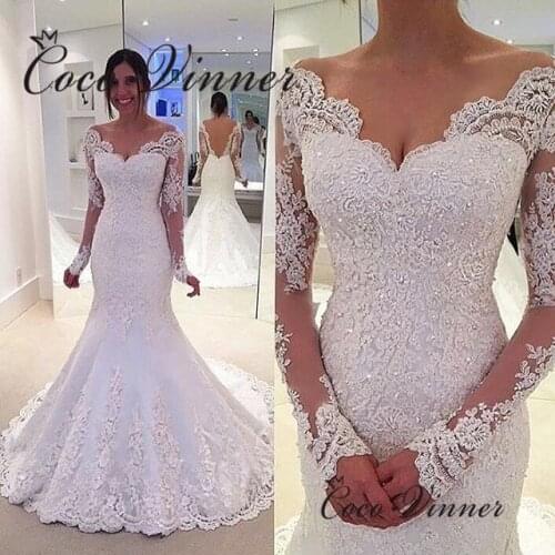 Vestido De Noiva Illusion Back Lace Bride Dress Crystal Beading Long Sleeve Mermaid Wedding Dresses woman Robe De Mariee W0201