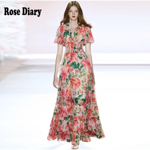 RoseDiary Floral Evening Party Night Maxi Dress Women V-Neck Layered Ruffles Long Elegant Puff Vestido Tiered Ball Gown New