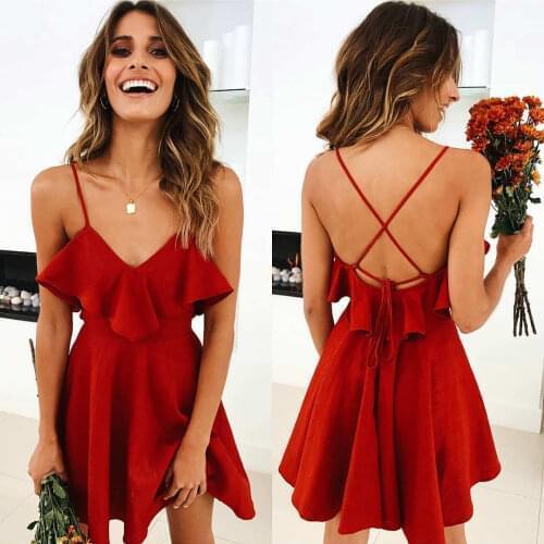 Lossky Summer Sexy Dress Womens 2021 Backless Cross Drawstring Ruffles Bundle Waist V-neck Strap Mini Dress Summer Red Vintage