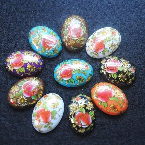10pcs plastic beads cabochons oval shape size 18x25mm with handmade draw flowers for metal pendants making accessories new arriv