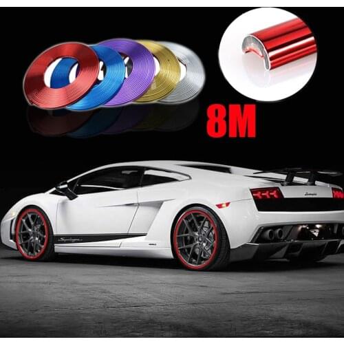 8M Silver Car Chrome Styling Decoration Moulding Trim Strip Tape Auto DIY Protective Sticker 8mm Wheel Rim Sticker Decoration