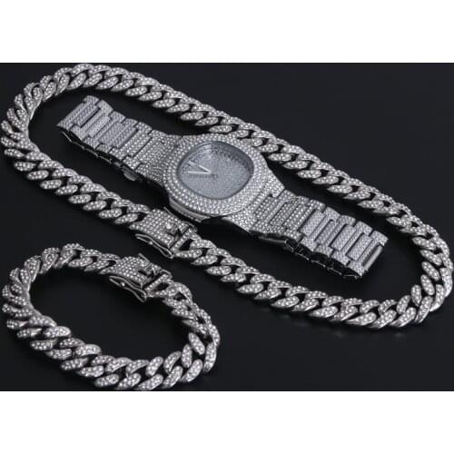 Gold Necklace +Watch+Bracelet Hip Hop Miami Cuban Chain Iced Out Paved Rhinestones CZ Bling Rapper For Men Jewelry 2020New