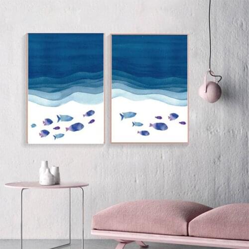 Spray Color Poster and Print Ocean Landscape Canvas Painting Wall Decorative Picture Nordic Style Blue Sea Fish Sofa Background