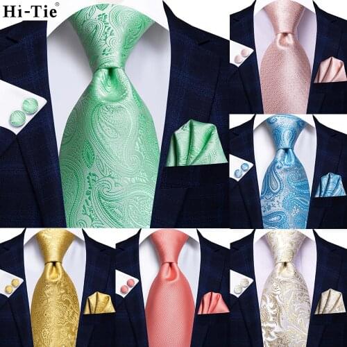 Hi-Tie Light blue Mint Pink Paisley Solid Men Silk Wedding Tie Fashion Design Gift Necktie For Men Hanky Cufflink Business Party