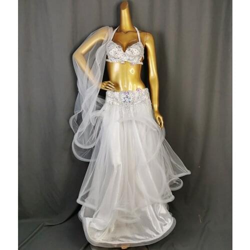 Hot sale Womens beaded Crystal belly dance costume wear bra belt 2pc set clothes bellydance Carnival sexy bellydancing costumes