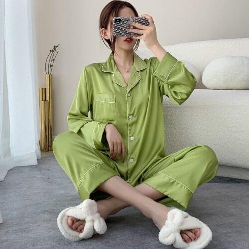 Womens 2PCS Faux Silk Pajamas Set Spring Autumn New Home Wear Casual Turn-down Collar Nightwear Green Long Sleeve Pant Sleepwear