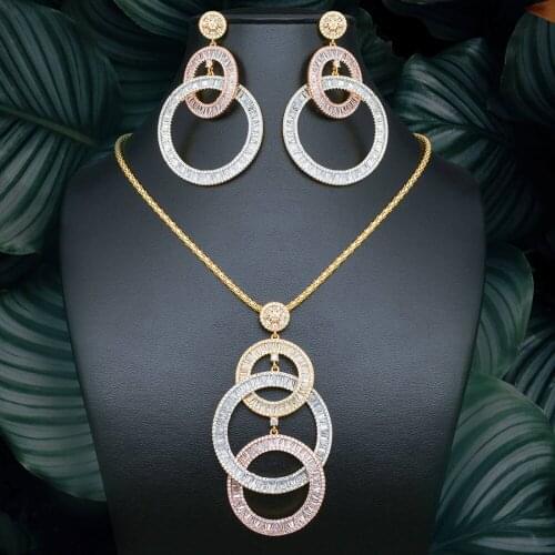 ModemAngel Luxury Round Shape Dangle Clear Cubic Zirconia Pendant Necklace Earrings Copper Jewelry Set Wedding Party African