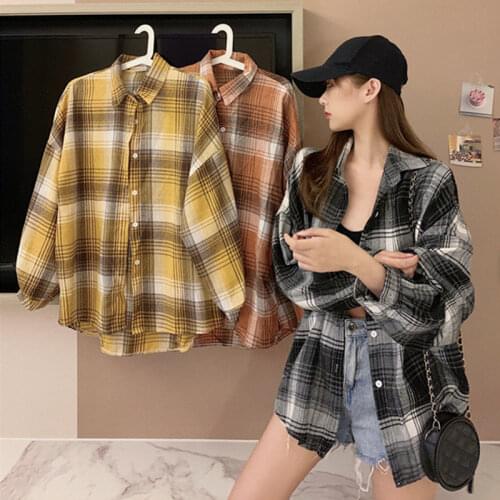 Plaid Shirts Women Blouses Autumn Long Sleeve Vintage Loose Female Shirts Casual Street Lady Korean Oversize Top