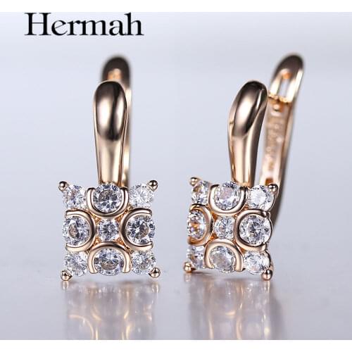 585 Rose Gold Stud Earrings Square Full Clear Cubic Zircon Elegant Drop Earrings for Women Girls New Arrivals 2020 HGE287
