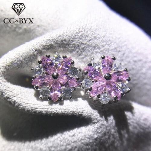 Stud Earrings For Women 9mm Pink Cubic Zirconia Flower Stone Simple Temperament Bridal Wedding Engagement Jewelry CCE650