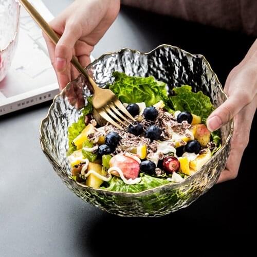 Glass Bowl Vegetable Fruit Salad Bowl Household Kitchen Accessories Creative Irregular Bowl Decoration Large Capacity Dinnerware