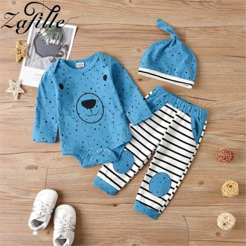ZAFILLE Baby Boy Bear Clothes For Newborns Striped Bodysuit Romper+Cartoon Overalls Pants+Hat Kids Toddller Boys Clothes Outfits
