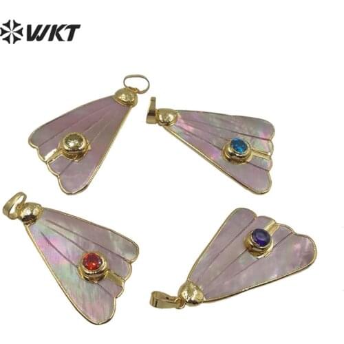 WT-JP198 WKT Natural Pink Shell With CZ Charm Pendant Gold Electroplated Shell Pendant For Women Necklace Making Pendant