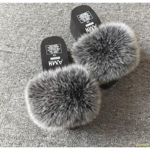 7 cm Real Fur Slippers platform Women Fox Home Fluffy Slippers With Feathers Furry Summer Flats Ladies Shoes Fox Fur Flip Flops