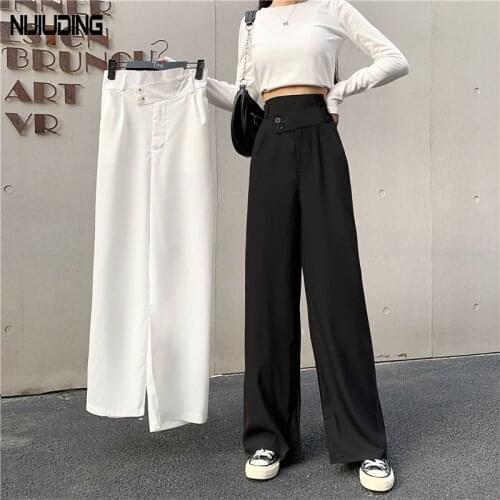 Women High Waist Wide Leg Pant Autumn Solid Both Button Long Pant Female Loose Casual Elastic Waist Long Troulsers Plus Size 4XL