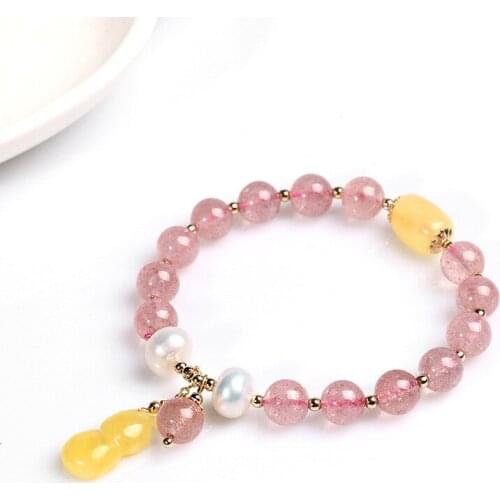 Natural Strawberry Quartz Beads Bracelet Women Natural Crystal Beeswax Pearl Onyx Tassel Bracelet Elegant Gift Women Lucky Charm