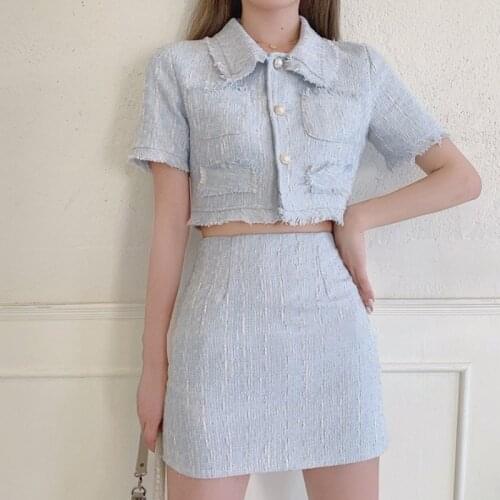 High Quality Female Elegant Skirt Suit 2020 New Fashion Tweed Two Piece Set Women Crop Top Mini Skirt Set Two Piece Outfits