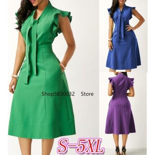 Plus Size Dress Women Ruffles A-line Green Color Butterfly Sleeve Mid Calf Dresses Empire Female Vestidos Casual OL Dress 5XL