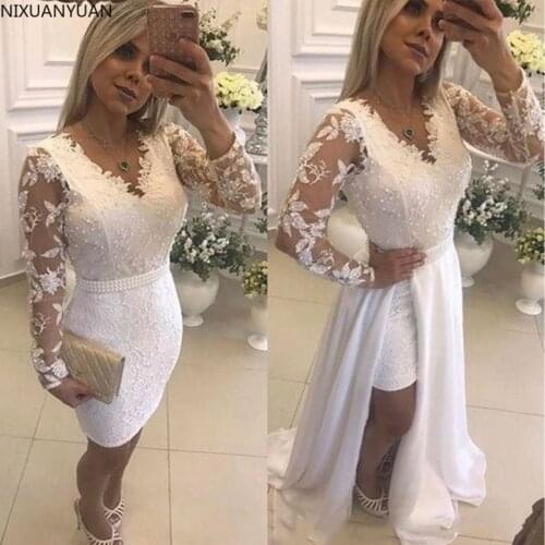 A-Line White Lace Wedding Dress 2021 with Sash Vintage Appliques Pearls V-Neck Detachable Sweep Train Skirt Bride Dresses