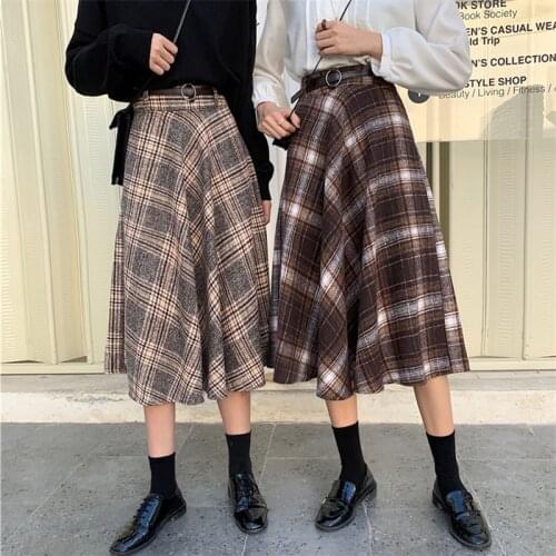 Neophil 2020 Winter Woolen Plaid Midi Skirt Women High Waist England Style Tartan A-Line Vintage Wool Sashes Skirt Jupe S9104