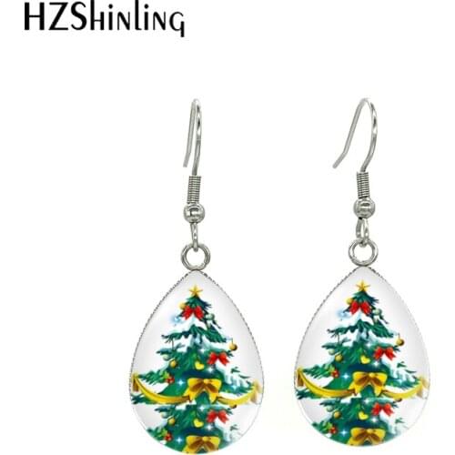 2021 New Christmas Tree and Stars Oil Paintings Handcraft Jewelry Tear Drop Fish Hook Earrings for Christmas Gifts